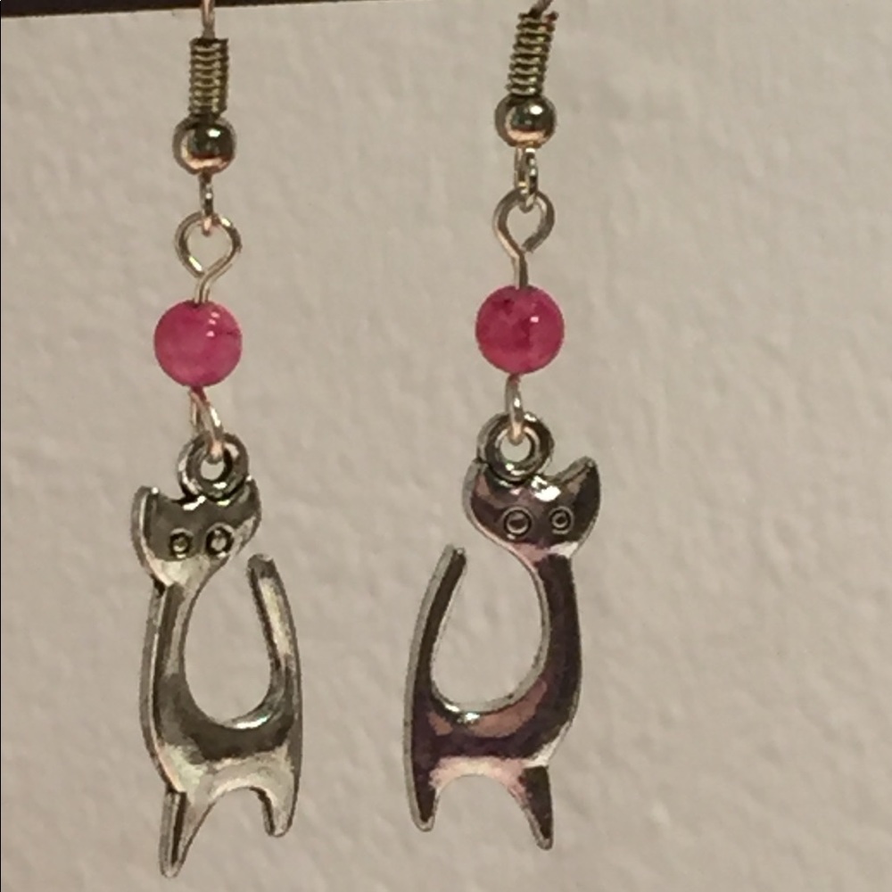 4/$25 ~Silver kitty earrings with pink fossil bead